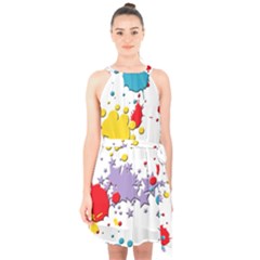 Paint Splash Rainbow Star Halter Collar Waist Tie Chiffon Dress