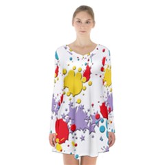 Paint Splash Rainbow Star Long Sleeve Velvet V-neck Dress by Mariart