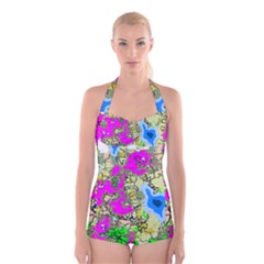 Painting Map Pink Green Blue Street Boyleg Halter Swimsuit 