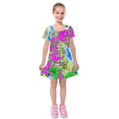 Painting Map Pink Green Blue Street Kids  Short Sleeve Velvet Dress