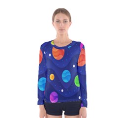 Planet Space Moon Galaxy Sky Blue Polka Women s Long Sleeve Tee