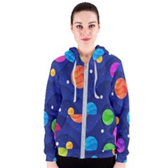 Planet Space Moon Galaxy Sky Blue Polka Women s Zipper Hoodie by Mariart