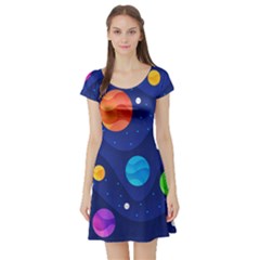 Planet Space Moon Galaxy Sky Blue Polka Short Sleeve Skater Dress by Mariart