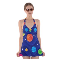 Planet Space Moon Galaxy Sky Blue Polka Halter Dress Swimsuit 