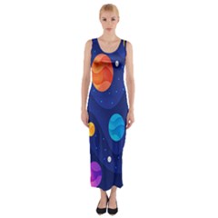 Planet Space Moon Galaxy Sky Blue Polka Fitted Maxi Dress