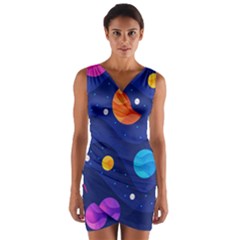 Planet Space Moon Galaxy Sky Blue Polka Wrap Front Bodycon Dress by Mariart