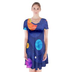 Planet Space Moon Galaxy Sky Blue Polka Short Sleeve V-neck Flare Dress