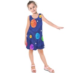 Planet Space Moon Galaxy Sky Blue Polka Kids  Sleeveless Dress by Mariart