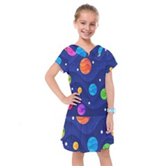 Planet Space Moon Galaxy Sky Blue Polka Kids  Drop Waist Dress