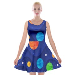 Planet Space Moon Galaxy Sky Blue Polka Velvet Skater Dress by Mariart