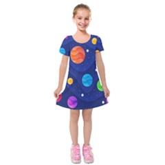 Planet Space Moon Galaxy Sky Blue Polka Kids  Short Sleeve Velvet Dress