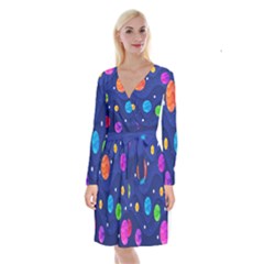 Planet Space Moon Galaxy Sky Blue Polka Long Sleeve Velvet Front Wrap Dress by Mariart