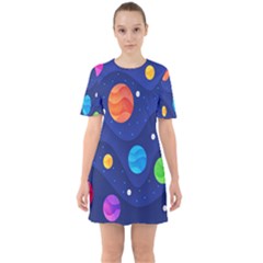 Planet Space Moon Galaxy Sky Blue Polka Sixties Short Sleeve Mini Dress