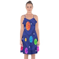 Planet Space Moon Galaxy Sky Blue Polka Ruffle Detail Chiffon Dress