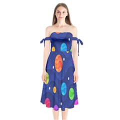 Planet Space Moon Galaxy Sky Blue Polka Shoulder Tie Bardot Midi Dress by Mariart