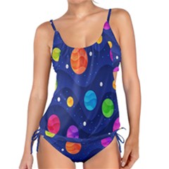 Planet Space Moon Galaxy Sky Blue Polka Tankini Set