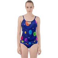 Planet Space Moon Galaxy Sky Blue Polka Cut Out Top Tankini Set