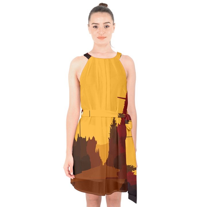 Road Trees Stop Light Richmond Ace Halter Collar Waist Tie Chiffon Dress