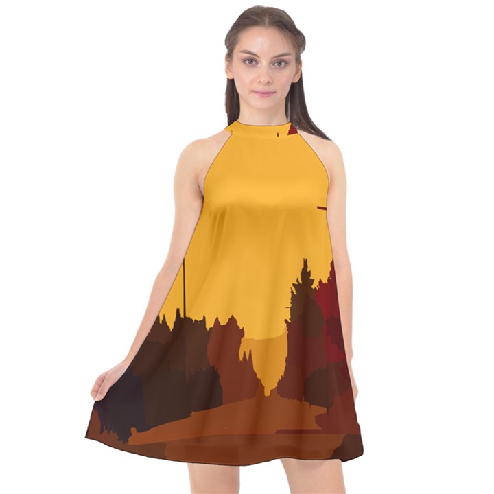 Road Trees Stop Light Richmond Ace Halter Neckline Chiffon Dress 