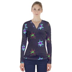 Random Doodle Pattern Star V-neck Long Sleeve Top