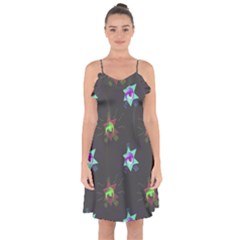 Random Doodle Pattern Star Ruffle Detail Chiffon Dress