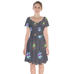 Random Doodle Pattern Star Short Sleeve Bardot Dress