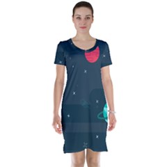 Space Pelanet Galaxy Comet Star Sky Blue Short Sleeve Nightdress