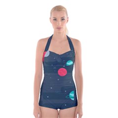 Space Pelanet Galaxy Comet Star Sky Blue Boyleg Halter Swimsuit  by Mariart