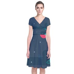 Space Pelanet Galaxy Comet Star Sky Blue Short Sleeve Front Wrap Dress by Mariart