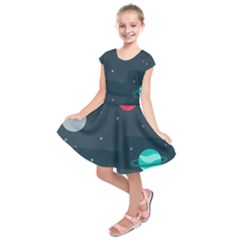 Space Pelanet Galaxy Comet Star Sky Blue Kids  Short Sleeve Dress by Mariart