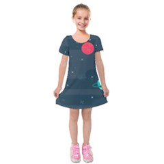 Space Pelanet Galaxy Comet Star Sky Blue Kids  Short Sleeve Velvet Dress