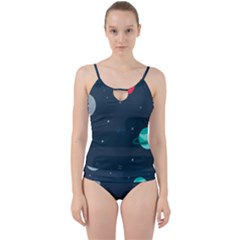 Space Pelanet Galaxy Comet Star Sky Blue Cut Out Top Tankini Set