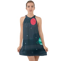 Space Pelanet Galaxy Comet Star Sky Blue Halter Tie Back Chiffon Dress by Mariart