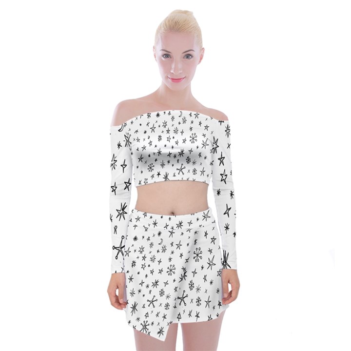 Star Doodle Off Shoulder Top with Mini Skirt Set