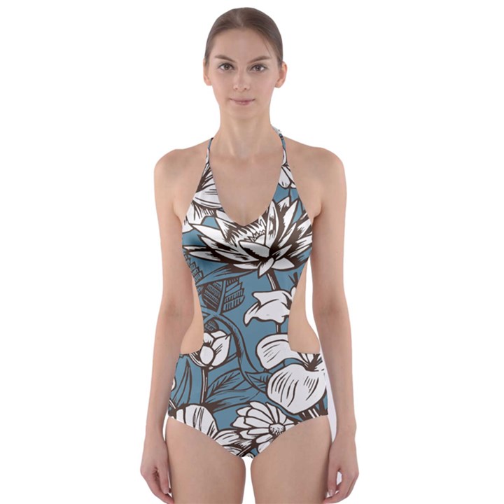 Star Flower Grey Blue Beauty Sexy Cut-Out One Piece Swimsuit