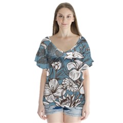 Star Flower Grey Blue Beauty Sexy V-neck Flutter Sleeve Top