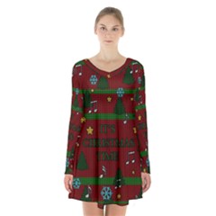 Ugly Christmas Sweater Long Sleeve Velvet V-neck Dress by Valentinaart