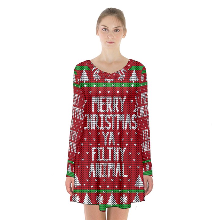 Ugly Christmas Sweater Long Sleeve Velvet V-neck Dress