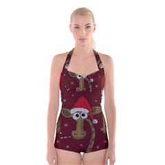 Christmas Giraffe  Boyleg Halter Swimsuit 