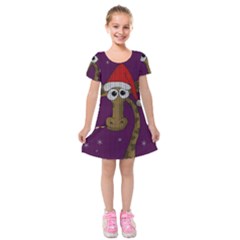 Christmas Giraffe  Kids  Short Sleeve Velvet Dress by Valentinaart