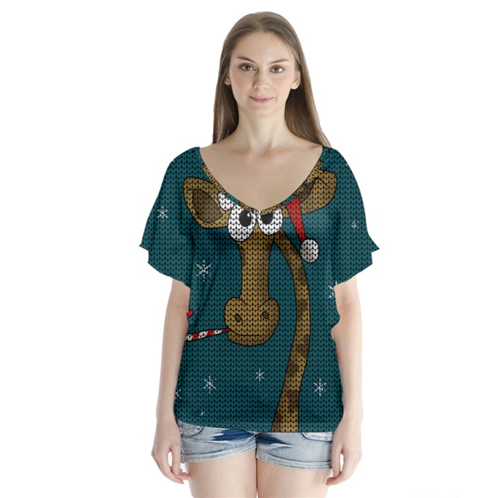 Christmas Giraffe  V-Neck Flutter Sleeve Top