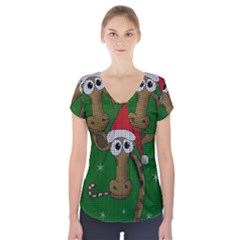 Christmas Giraffe  Short Sleeve Front Detail Top by Valentinaart