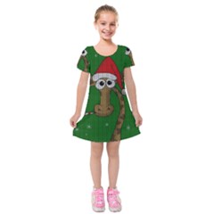 Christmas Giraffe  Kids  Short Sleeve Velvet Dress by Valentinaart