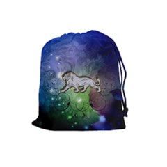 Wonderful Lion Silhouette On Dark Colorful Background Drawstring Pouches (large)  by FantasyWorld7