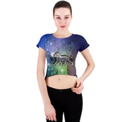 Wonderful Lion Silhouette On Dark Colorful Background Crew Neck Crop Top by FantasyWorld7