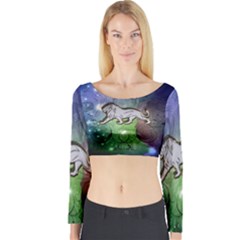 Wonderful Lion Silhouette On Dark Colorful Background Long Sleeve Crop Top by FantasyWorld7