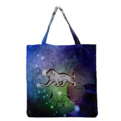 Wonderful Lion Silhouette On Dark Colorful Background Grocery Tote Bag by FantasyWorld7