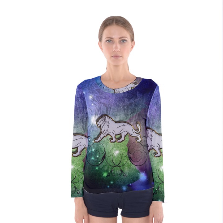 Wonderful Lion Silhouette On Dark Colorful Background Women s Long Sleeve Tee