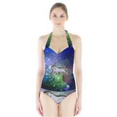 Wonderful Lion Silhouette On Dark Colorful Background Halter Swimsuit by FantasyWorld7