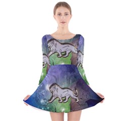 Wonderful Lion Silhouette On Dark Colorful Background Long Sleeve Velvet Skater Dress by FantasyWorld7